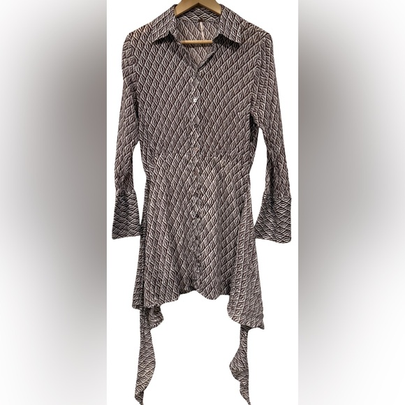 Free People 100% Cotton Gauze Rillo Mini Shirtdress XS Boho Tie Waist Earth Tone - Picture 5 of 11